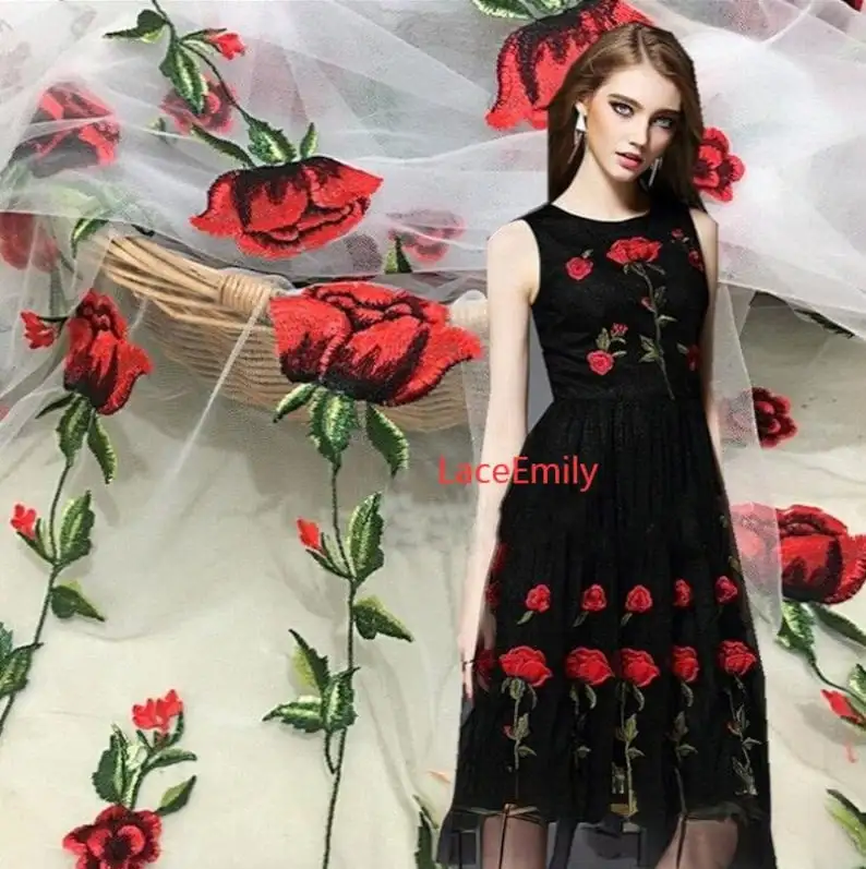 Embroidery Rose - Tecido de renda rosa vermelha flor