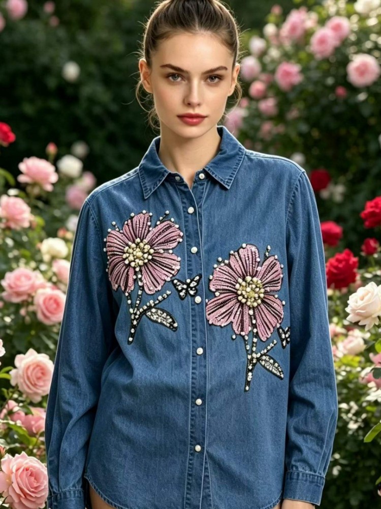 Embroidery Cotton Shirt - Blusas de Denim com Bordado para