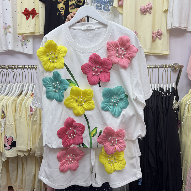 Embroidery Cotton Shirt - Verão colorido 3d flores camiseta pérolas