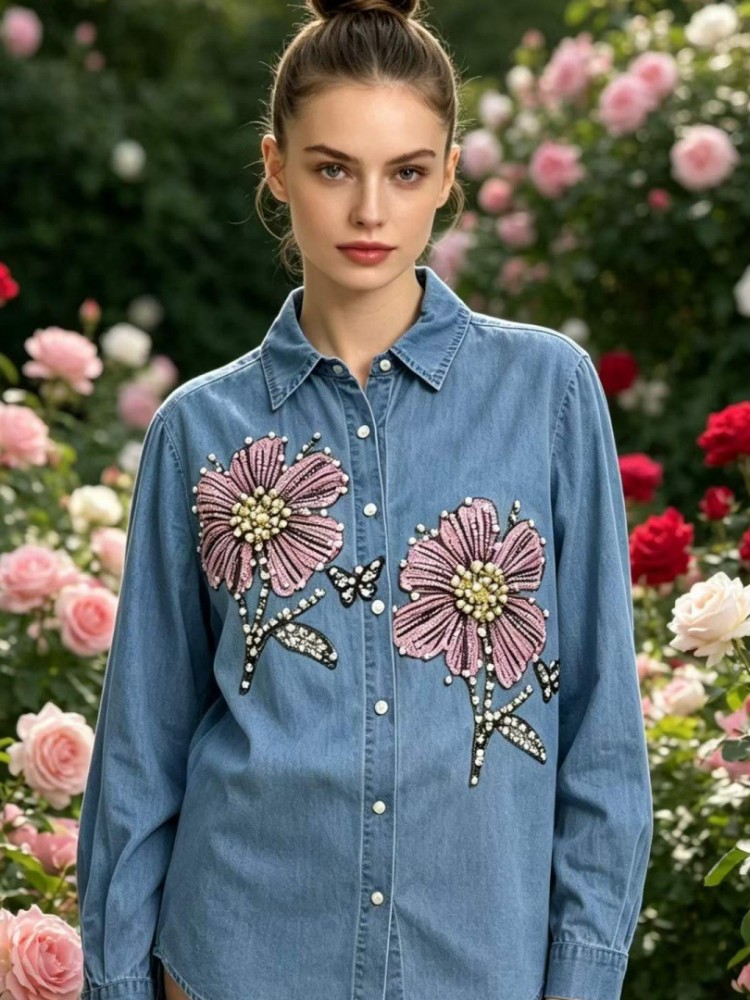 Blusas de Denim com Bordado pa - Embroidery Cotton Shirt avaliação e preço