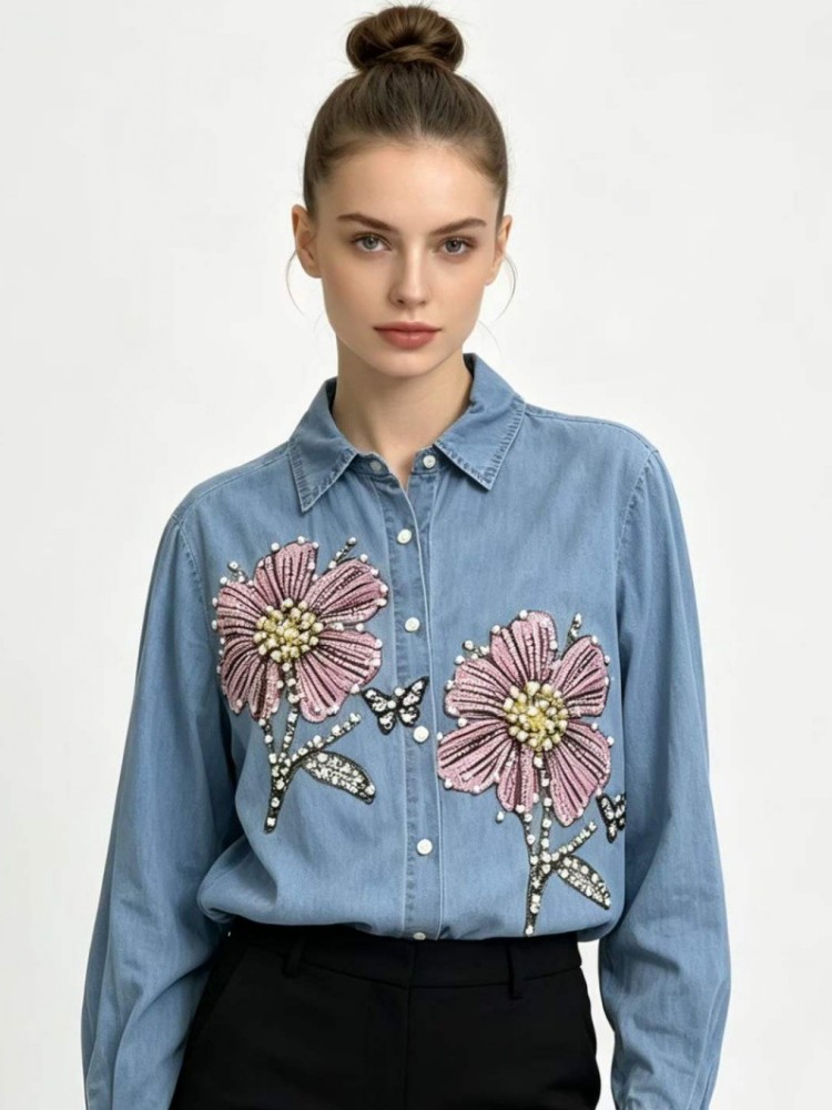 Blusas de Denim com Bordado pa - Embroidery Cotton Shirt avaliação e preço